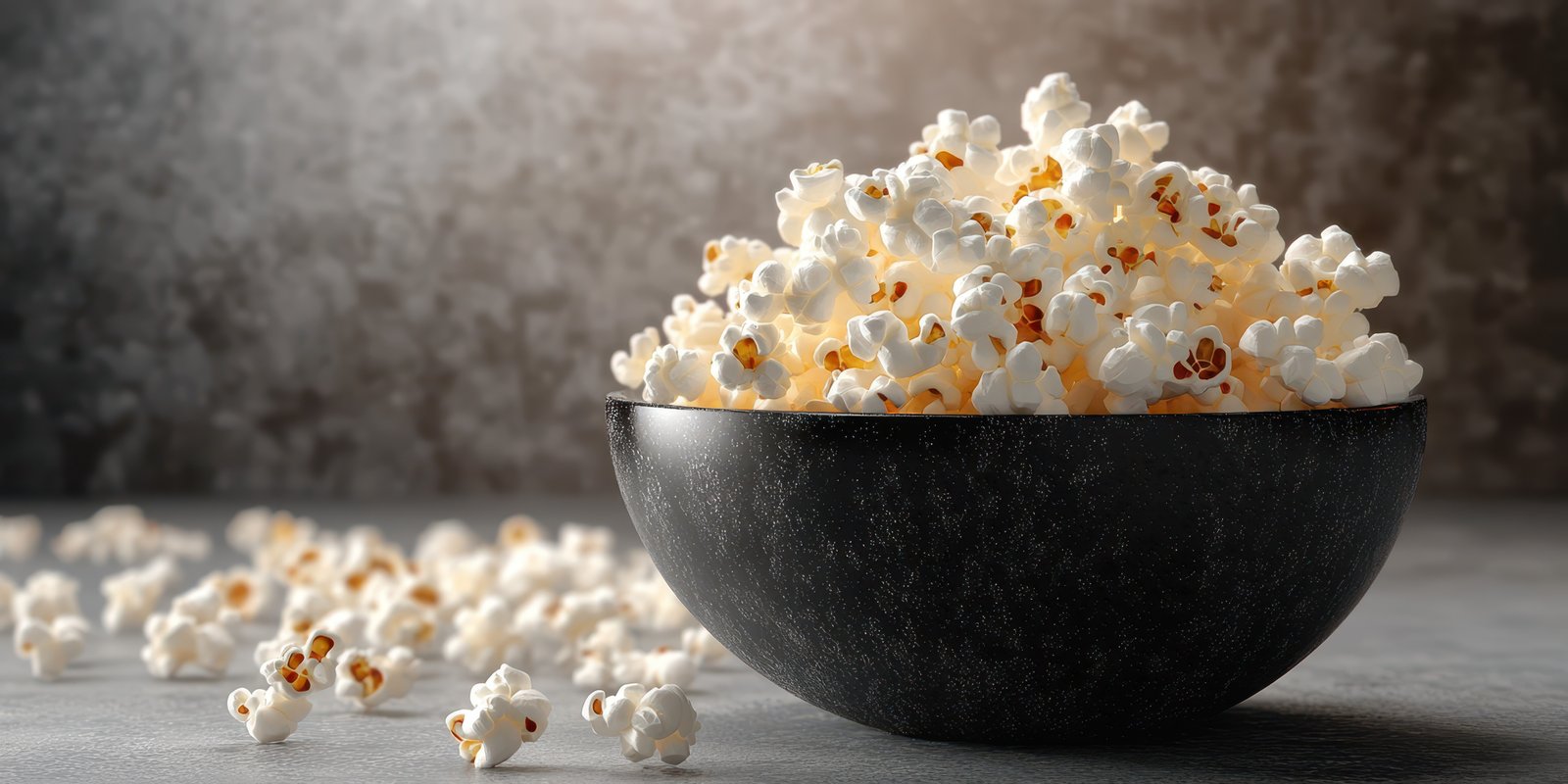 Popcorn overflowing from a dark bowl on a textured surface with some kernels scattered nearby